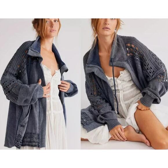 Free People Jackets & Blazers - Free People Charcoal Gray Openwork Knit Zip-Front Jacket